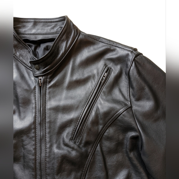 Black Leather Motorcycle Jacket Zippered Riding Jacket Mens Moto Jacket 2XL - Picture 9 of 12